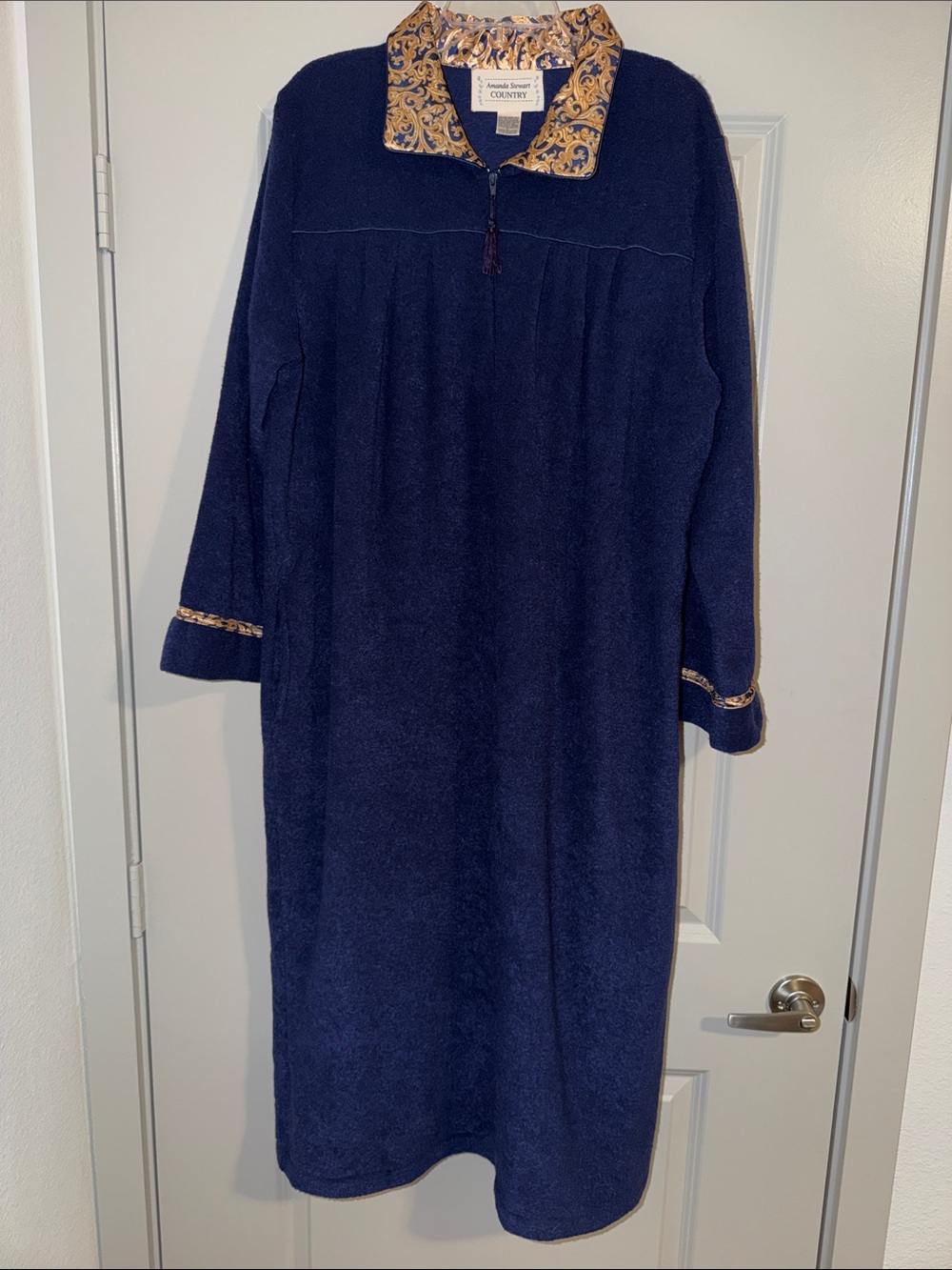 VTG Amanda Stewart Womens Caftan Nightgown Robe Pockets 3/4 Zip Navy Blue/Gold